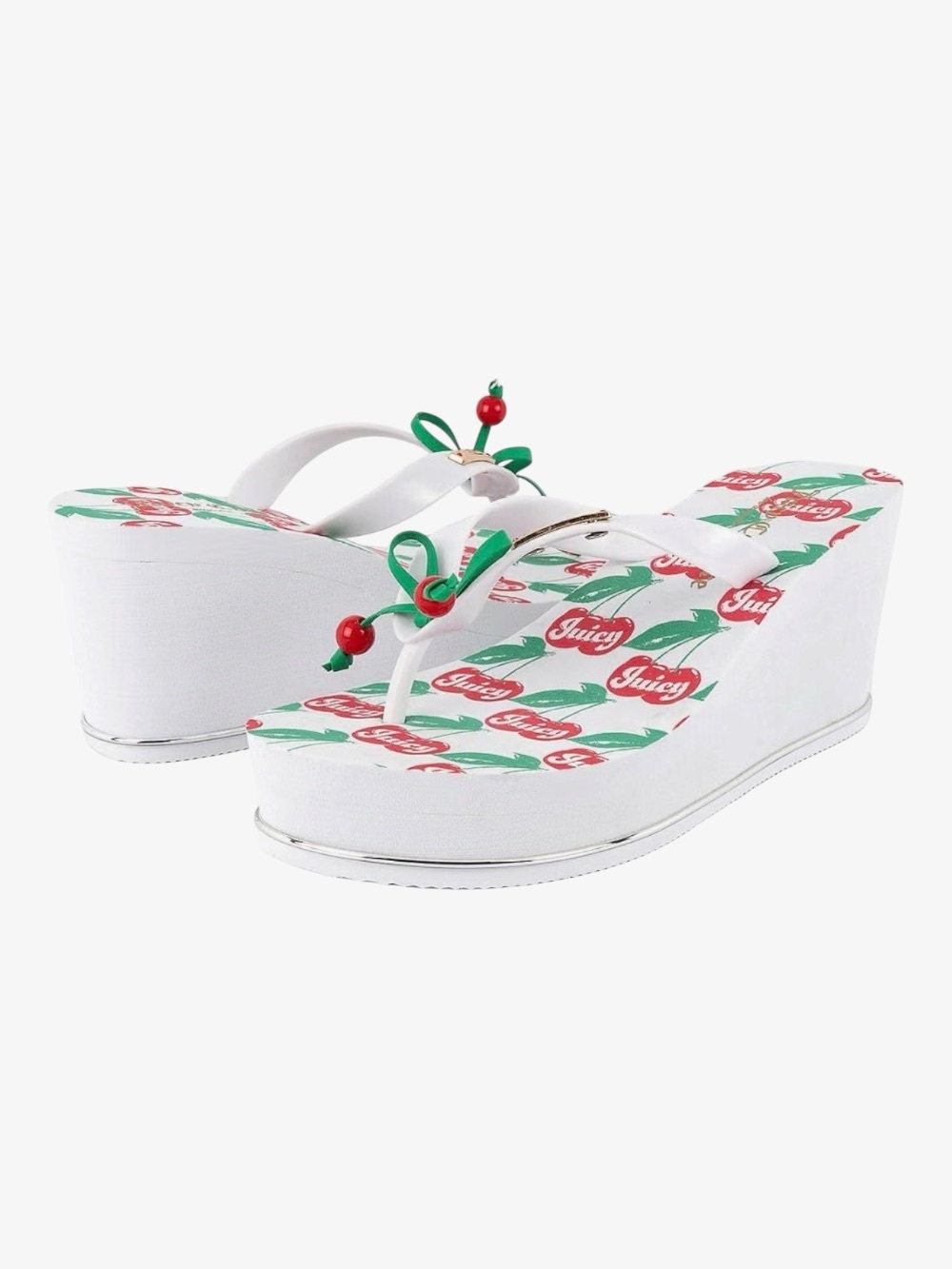Juicy Couture White Cherry Print Wedge Sandals